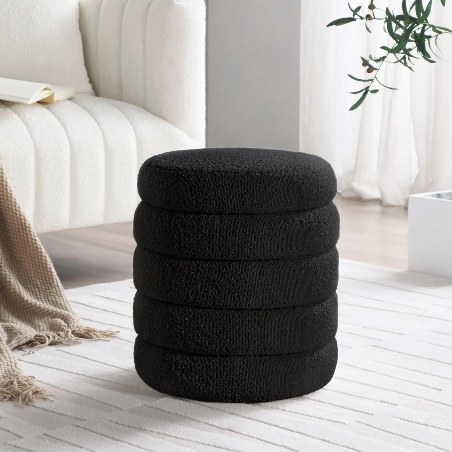 Modern Round Ottoman with Soft Padded Seat, Storage Vanity Chairs for Makeup, Upholstered Footrest Stool Ottoman Foot Stool