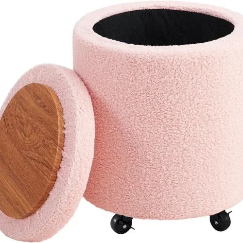 Storage Ottoman Foot Rest Round Footstool Teddy Velvet Footrest Multifunctional Rolling Stool Coffee Table Ottoman with Wheels V