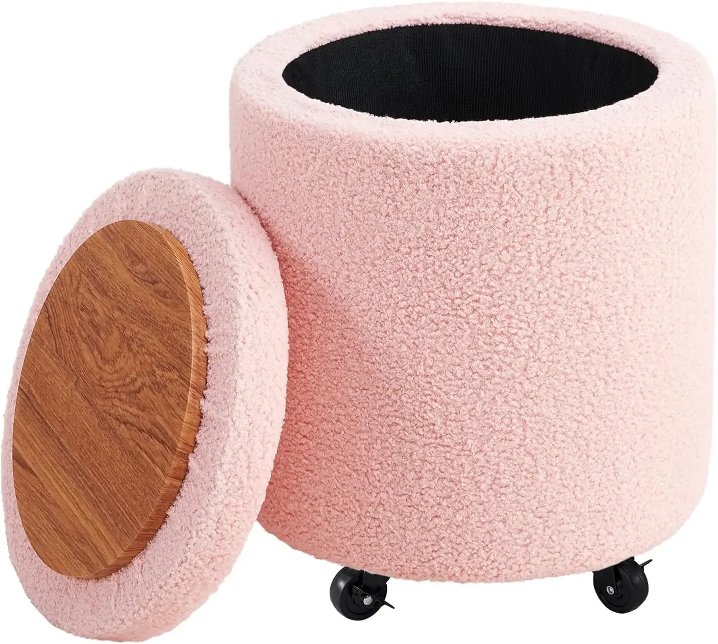 Storage Ottoman Foot Rest Round Footstool Teddy Velvet Footrest Multifunctional Rolling Stool Coffee Table Ottoman with Wheels V