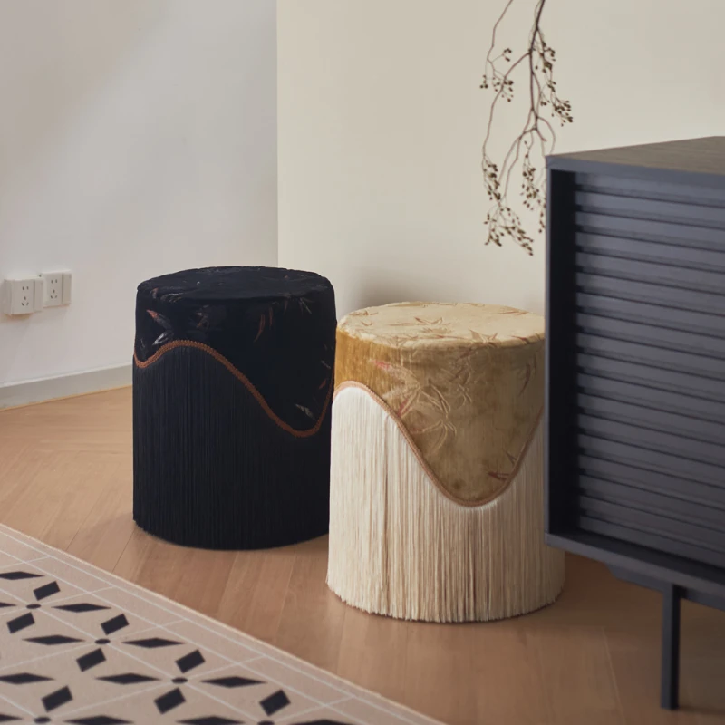 Original Removable and Washable New Chinese Medieval Cut Velvet Fringed Makeup Low Stool Shoe Changing Stool with - Image 3