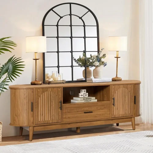 63" Fluted Mid-Century Modern TV Stand for TVs up to 70" with Drawers And Curved Fluted Doors Entertainment Center,Customized